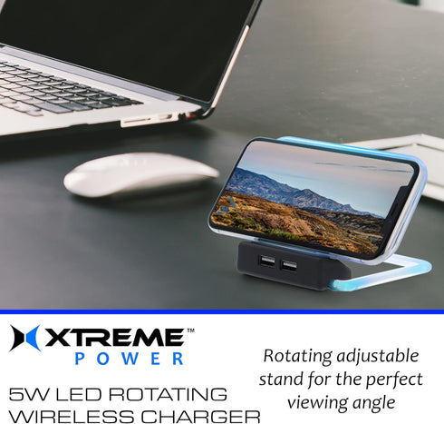 Xtreme Digital Lifestyle Accessories Rotating 5W QI Wireless Charger w/ 2 USB Ports iOS & Android Compatible (Black), (XWC81011BLK)