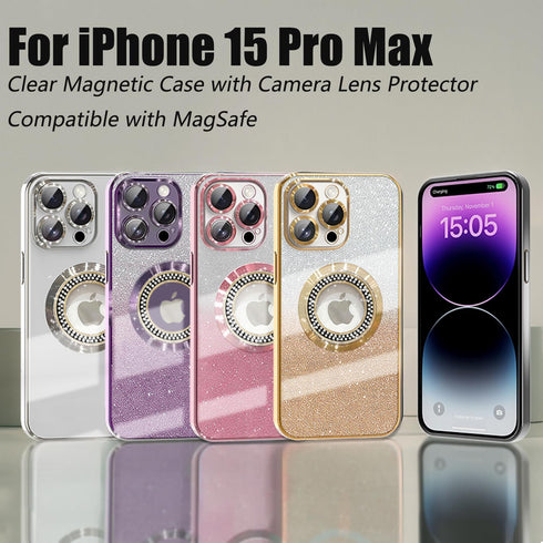 Misscase Magnetic Glitter Case for iPhone 15 Pro Max - Slim, Shockproof, Anti-Scratch, with Camera Lens Protector, Gold.