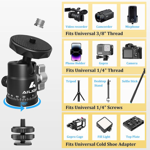 Mini Ball Head, 360° Rotatable Tripod Head with 1/4 3/8 Screw for DSLR Camera, Gopro, Smartphone Accessories