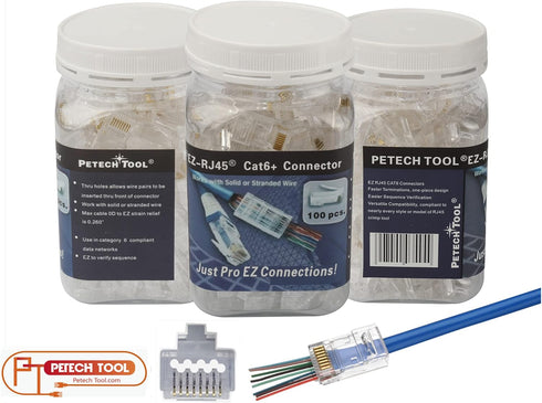 PETECHTOOL 100-Pack RJ45 CAT6A CAT6 Pass Through Connectors 23AWG Cables-End Bold UTP Ethernet Modular Plug.