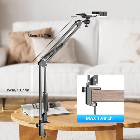 Overhead Phone Mount with Rechargeable Light for iPhone, Desk Tripod with Clamp for Content Creator Camera Recording