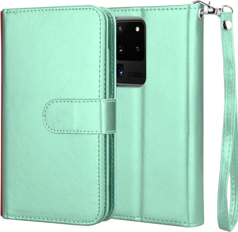 Njjex Galaxy S20 Ultra 5G Wallet Case, PU Leather Flip Cover with 9 Card Slots, Detachable Kickstand, Mint