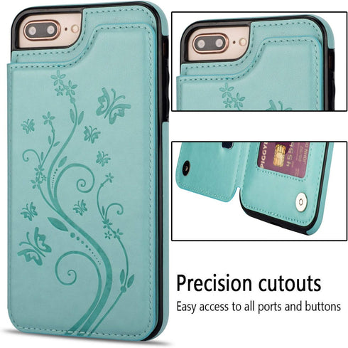 UEEBAI Case for iPhone XR, Luxury PU Leather Case with Card Slots, Stand Function, Butterfly Flower Pattern, Mint Green
