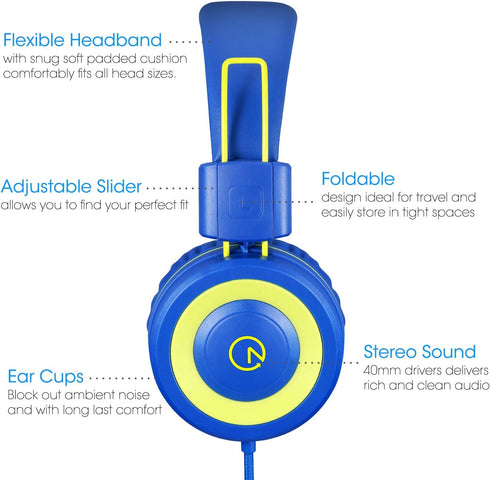 Kids Headphones Noot K12 with Microphone, 5ft Cord, 85dB/94dB Volume Limit, Wired On-Ear for iPad/Kindle/School