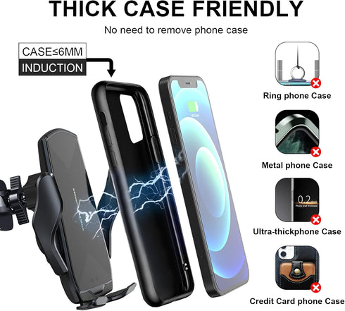 Wireless Car Charger, Qi 15W Fast Charging Automatic Clamping Phone Holder for iPhone 13/12 Pro Max/Samsung Galaxy