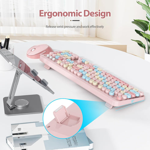 Fogruaden Pink Wireless Keyboard and Mouse, Retro Typewriter 104 Keys Full Size Cute Keyboard with Number Pad
