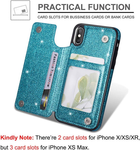 UEEBAI Case for iPhone XR, Premium Glitter PU Leather Wallet Cover with Card Slots, Stand Function, Blue#2