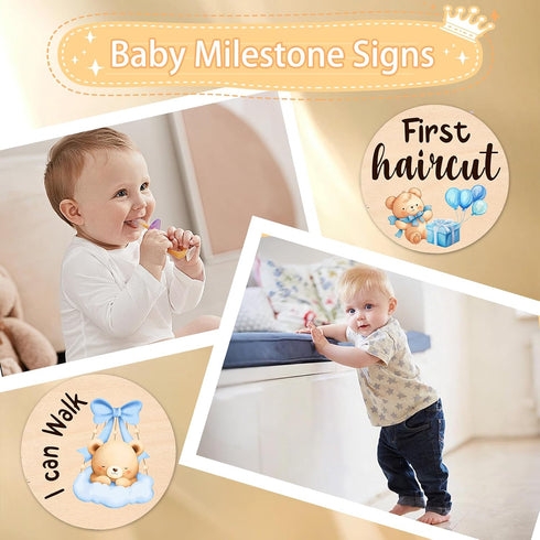13 Props(0-12 Baby Monthly Milestone Cards - Double-Sided Wooden Milestone Signs Discs with Bear & Star Designs, Little