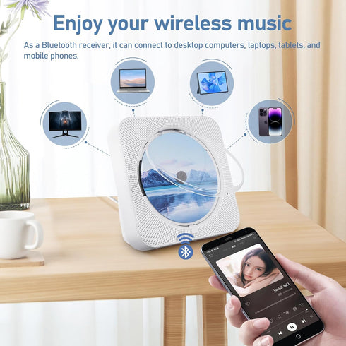 Portable Bluetooth 5.1 Desktop CD Player with HiFi Sound Speakers, Remote Control, FM Radio, White
