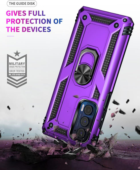 Androgate Motorola Moto Edge 2021 Case, Military-Grade Metal Ring Kickstand, 15ft Drop Tested Shockproof Cover, Purple