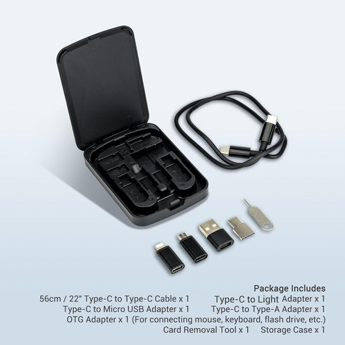 Compact Cable Card with 22" USB-C, USB-A/Micro-USB/Light/OTG Adapter Kit & Storage Box for Travel, Charging & Data