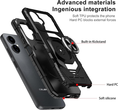 TJS Heavy Duty Protection Case for Boost Mobile Celero 5G 2024, with Tempered Glass Screen Protector and Metal Ring