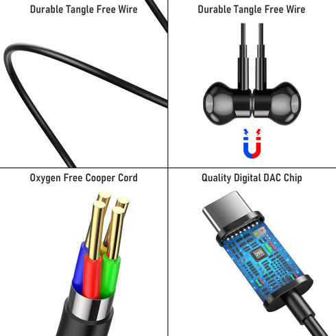Magnetic USB C Wired Earbuds for iPhone 15 Pro Max, Samsung S24 Ultra, Pixel 8, iPad Air 6, Noise Canceling In-Ear.