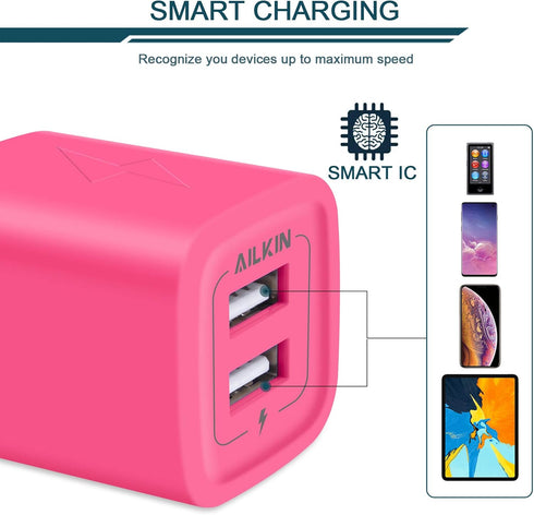 AILKIN Wall Charger, USB Plug Fast Charging Block, 2 Port Travel Brick Power Adapter Cube for iPhone 15/14/13/12