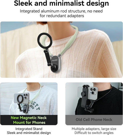 Magnetic Neck Mount for Phones, Cell Phone Holder Stand for POV/Vlog Selfie, Hand Free Necklace Strap