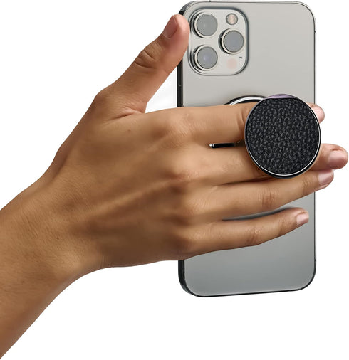 HANDL NEW YORK HANDL O MagSafe Black Leather Phone Grip & Stand Removable Magnetic Grip, Retractable Finger Holder POPL