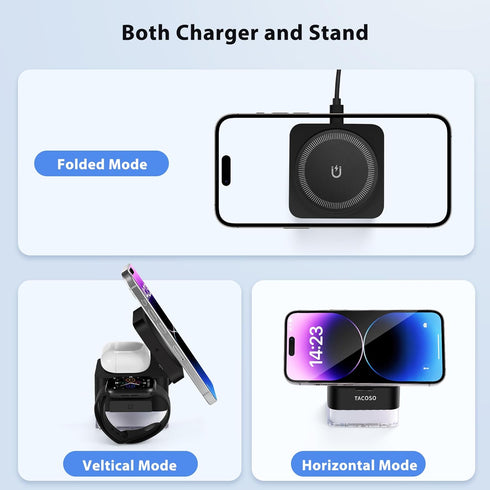 3 in 1 Wireless Charger Stand, Foldable Apple Charging Station Cube with LED Night Light for iPhone