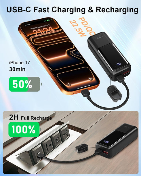 LJEHC 22.5W Bank,10000mAh Pack,Travel 17 16 15 S24,Android,iPad Mini Portable Charger,Small PD Power USB C in&Out Fast