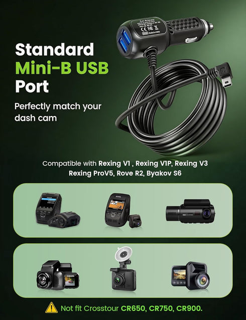 V1V1P -13FT/4M Anina Mini USB Mini-B Dash Cam Power Cord Left Angle Charging Cable Dash Camera Car Charger for Rexing
