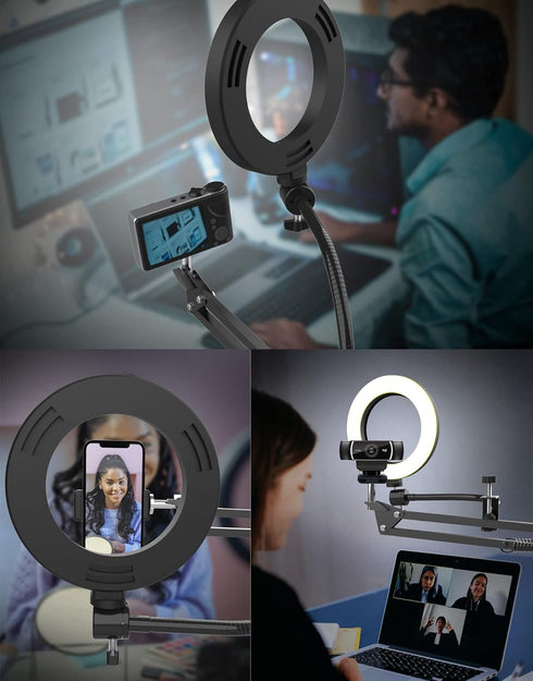 Overhead Camera Mount with Ring Light, Flexible Articulating Phone Arm Stand for iPhone, Logitech Webcam, Desk Tripod