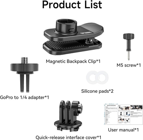 Backpack Mount Clip for DJI OSMO Pocket 3, Magnetic Mounts, 360 Rotation, Action Clips for GoPro, Insta360, Most