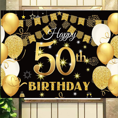 Saliyaa 7x5ft Happy 50th Birthday Backdrop, Black Gold Birthday Sign Poster for Men Women 50th Party