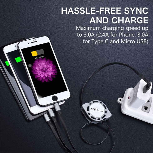 3-Pack Retractable 4Ft Multi Charging Cable 3A - 3 in 1 USB Cable for Samsung Galaxy, LG, Huawei, Tablets & More.