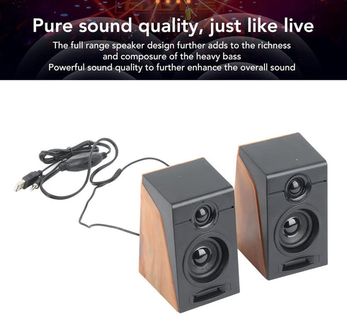 USB Wired Speakers, HiFi Clear Sound Quality Deep Bass Computer Speakers, Wooden Color for TVs and Laptops