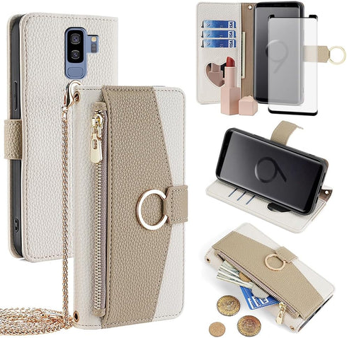 Asuwish Samsung Galaxy S9 Plus Phone Case, Wallet Cover with Screen Protector and Mirror Flip Cover, Ring Credit Card