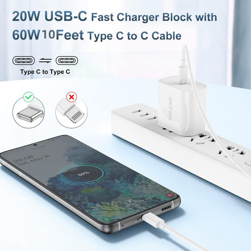 20W USB C Fast Charger Block & 10 Ft Type C to C Cable (60W) for iPhone 15 Pro Max, iPad, MacBook, Samsung.