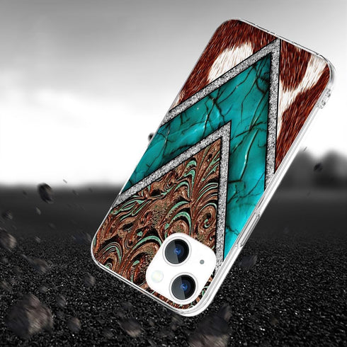 iPhone 15 Case - Western Cowhide Turquoise & Brown Animal Print, Shockproof TPU Cover for Women & Girls, Unique Design.