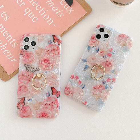 Qokey iPhone Xs Max Case 6.5 inch, Clear Flower Design with 360 Degree Rotating Ring Stand Holder - Rose Butterfly
