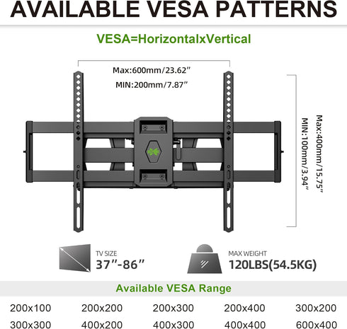 USX MOUNT Full Motion TV Mount for 37-86 Inch Flat Screen, Dual Articulating Arms, Max VESA 600x400mm