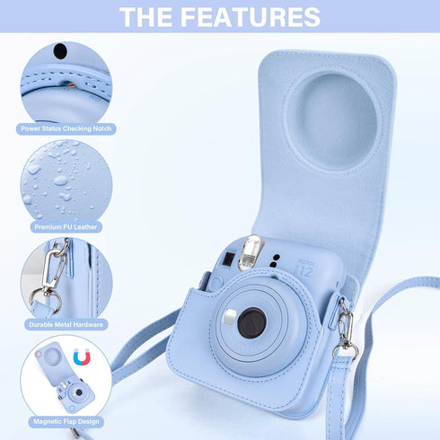 Camera Case and Album for Fujifilm Instax Mini 12, Carry Bag with Strap and Photo Album - Pastel Blue
