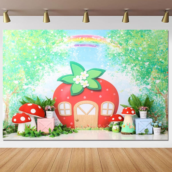 Yeele 7x5ft Strawberry Birthday Backdrop, Cartoon Green Tree Rainbow Mushroom House for Baby Shower Party