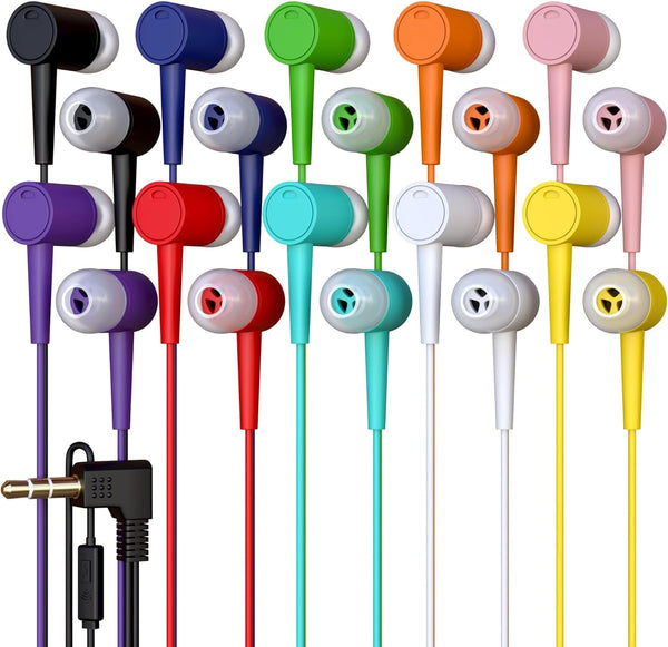 20 Pack Multi Color Kid's Wired Microphone Earbud Headphones, Disposable for Students in Classroom, Bulk Wholesale
