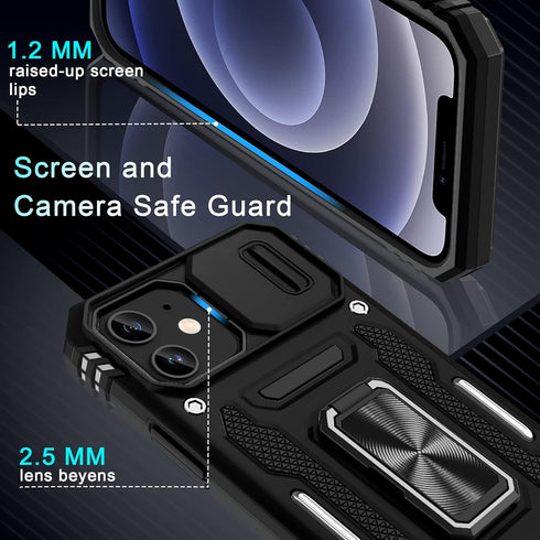 DEERLAMN iPhone 12/12 Pro Case - Black, Military Grade Shockproof, Slide Camera Cover, Screen Protector (2 Packs),
