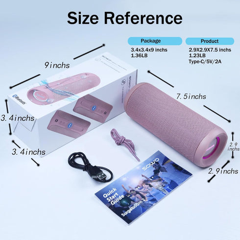 Outdoor Portable Bluetooth Speaker, Wireless IPX7 Waterproof, 25W Loud Sound, Bassboom Technology, 16H Playtime, Pink