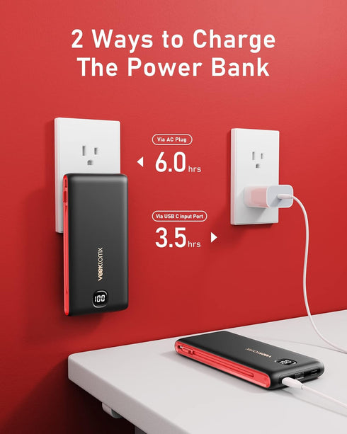 VEEKTOMX Portable Charger 10000mAh with Built-in Cables, Fast Charging USB C Slim Battery Pack for iPhone and Samsung
