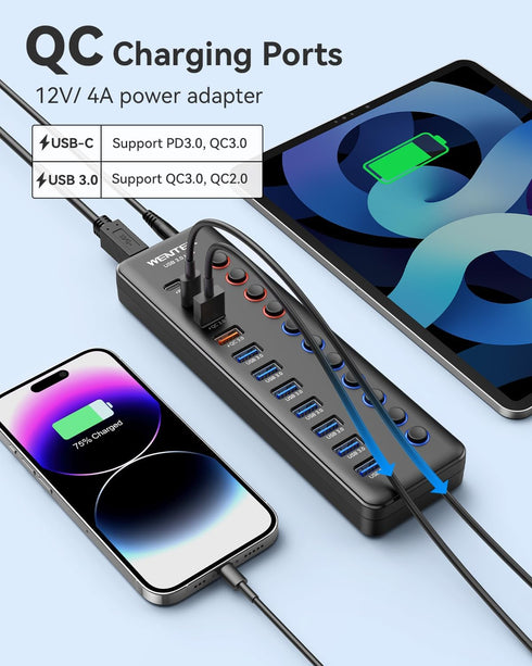 Wenter Powered USB 3.0 Hub, 48W 11-Port USB Hub Splitter with 7 Data Transfer Ports and 4 QC Charging Ports