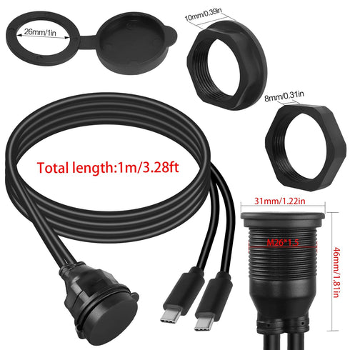 QIANRENON 2 USB C Threaded Flush Mount Waterproof Cable, Dual USB C 2.0 Male to Female Car Dash Mount Extension Cable