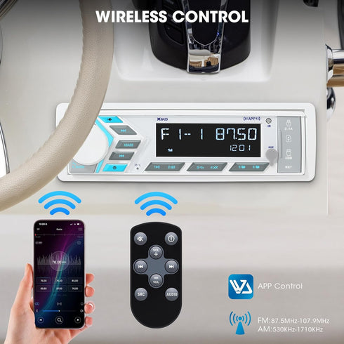 Single Din Marine Stereo Receiver: Bluetooth Boat Radio with Digital LCD Display, AM FM MP3, USB Charging