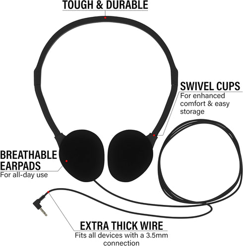 Maeline Bulk On-Ear Headphones with 3.5 mm Headphone Plug, 10 Pack Wholesale Bundle, Multi Color