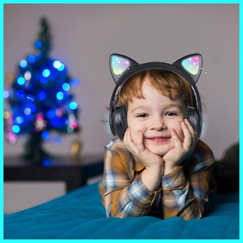 Wireless Kids Headphones for Boys Girls, Cat Ear LED Light Up Bluetooth Headphones with Microphone for School/Travel/Sports/Gaming/Gifts/Christmas (Black)