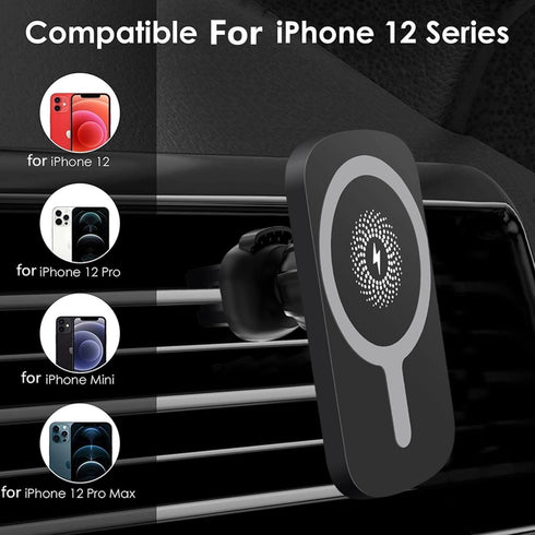 Magnetic Wireless Car Charger with 5W, 7.5W, 10W, 15W Output, Dashboard and Air Vent Phone Holder Charger (Black)