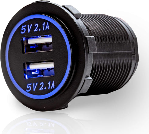 Heavy Duty 5V Dual USB 4.2A Charger with Blue LED for Marine, Boat, Motorcycle, Trucks, Golf Cart, Automotive, Cars