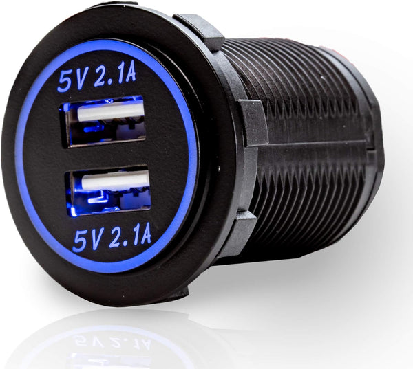Heavy Duty 5V Dual USB 4.2A Charger with Blue LED for Marine, Boat, Motorcycle, Trucks, Golf Cart, Automotive, Cars