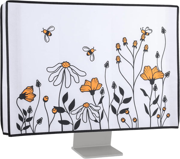 kwmobile Computer Monitor Cover for 27-28" Monitor - Bees and Flowers in Black/Orange/White