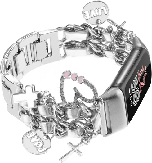 Stylish Metal Wristband for Fitbit Charge 6/5, Cute Strap with Love Cross Pendants, Chain Charms Bracelet