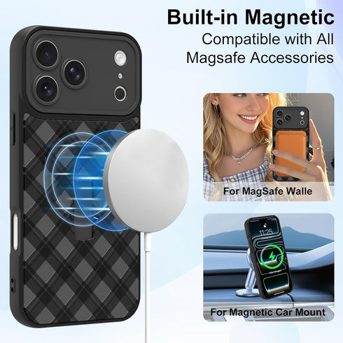 MOWIME 17 Magnetic for iPhone Pro Max Case with Finger Strap Kickstand, Compatible with Magsafe, Cute Checkered